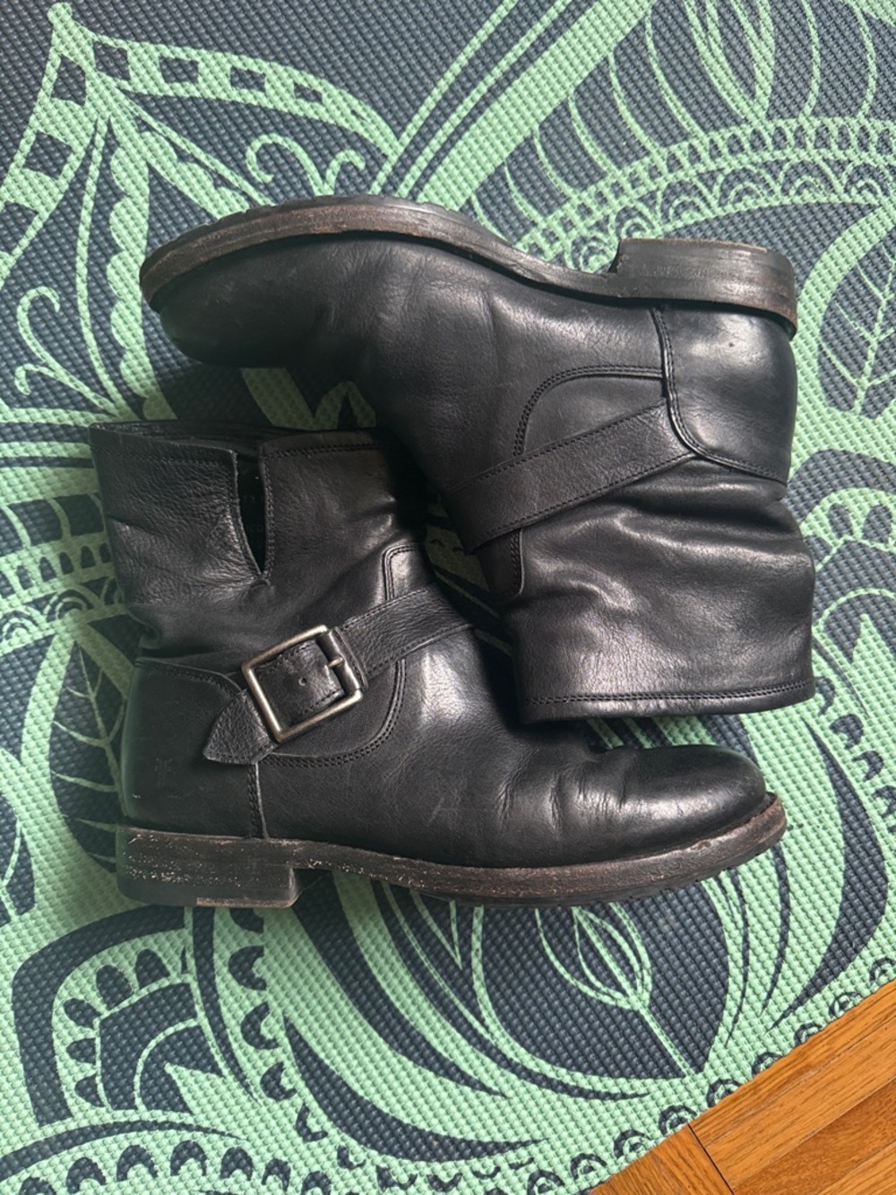 Frye Black Leather Buckle Ankle Boots